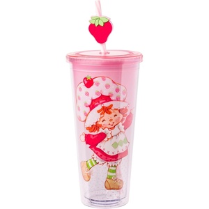 Silver Buffalo Rainbow Brite Plastic Cold Cup with Lid and Straw Topper, 24 Ounces(Strawberry Shortcake Pink Polka Dot)
