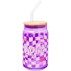 Silver Buffalo Rainbow Brite Stars Sparkle Featuring Twink Glass Jar Tumbler with Bamboo Lid and Glass Straw, 16 Ounces(Bratz Logo Purple Checkered)