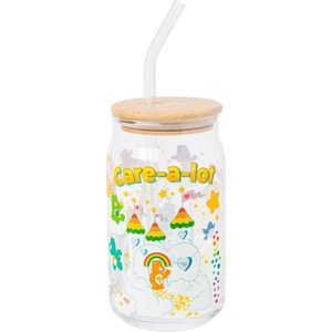 Silver Buffalo Rainbow Brite Stars Sparkle Featuring Twink Glass Jar Tumbler with Bamboo Lid and Glass Straw, 16 Ounces(Care Bears Care-A-Lot Land)