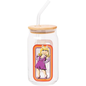 Silver Buffalo Rainbow Brite Stars Sparkle Featuring Twink Glass Jar Tumbler with Bamboo Lid and Glass Straw, 16 Ounces(Muppets Miss Piggy)