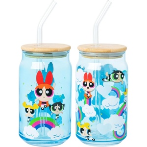 Silver Buffalo Rainbow Brite Stars Sparkle Featuring Twink Glass Jar Tumbler with Bamboo Lid and Glass Straw, 16 Ounces(The Powerpuff Girls (2 Pack))