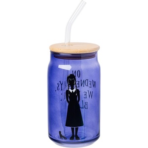 Silver Buffalo Rainbow Brite Stars Sparkle Featuring Twink Glass Jar Tumbler with Bamboo Lid and Glass Straw, 16 Ounces(Wednesday Addams)