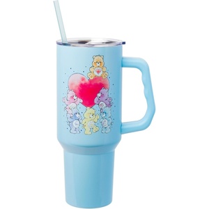 Silver Buffalo Rainbow Brite and Twink Sparkle Double Walled Stainless Steel Tumbler with Handle and Straw, Fits in Standard Cup Holder, 40 Ounces(Care Bears Watercolor Art)