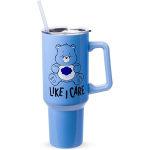 Silver Buffalo Rainbow Brite and Twink Sparkle Double Walled Stainless Steel Tumbler with Handle and Straw, Fits in Standard Cup Holder, 40 Ounces(Care Bears Grumpy Bear Like I Care)