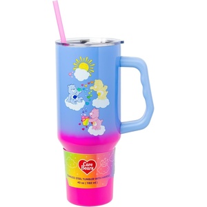 Silver Buffalo Rainbow Brite and Twink Sparkle Double Walled Stainless Steel Tumbler with Handle and Straw, Fits in Standard Cup Holder, 40 Ounces(Care Bears Heart Showers Ombre)