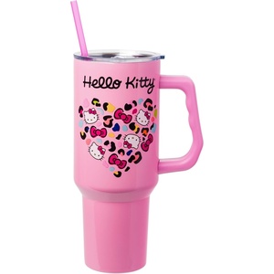 Silver Buffalo Rainbow Brite and Twink Sparkle Double Walled Stainless Steel Tumbler with Handle and Straw, Fits in Standard Cup Holder, 40 Ounces(Hello Kitty Leopard Heart)
