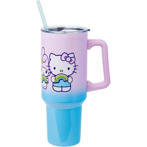 Silver Buffalo Rainbow Brite and Twink Sparkle Double Walled Stainless Steel Tumbler with Handle and Straw, Fits in Standard Cup Holder, 40 Ounces(Hello Kitty and Friends Holding Rainbow)