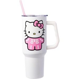 Silver Buffalo Rainbow Brite and Twink Sparkle Double Walled Stainless Steel Tumbler with Handle and Straw, Fits in Standard Cup Holder, 40 Ounces(Hello Kitty Skeleton)
