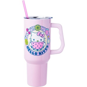 Silver Buffalo Rainbow Brite and Twink Sparkle Double Walled Stainless Steel Tumbler with Handle and Straw, Fits in Standard Cup Holder, 40 Ounces(Hello Kitty Kawaii Fruits)