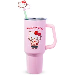 Silver Buffalo Rainbow Brite and Twink Sparkle Double Walled Stainless Steel Tumbler with Handle and Straw, Fits in Standard Cup Holder, 40 Ounces(Hello Kitty Christmas Sweater)
