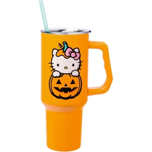 Silver Buffalo Rainbow Brite and Twink Sparkle Double Walled Stainless Steel Tumbler with Handle and Straw, Fits in Standard Cup Holder, 40 Ounces(Hello Kitty Jack-O-Lantern)