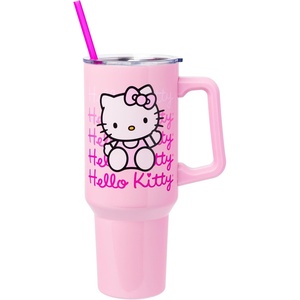 Silver Buffalo Rainbow Brite and Twink Sparkle Double Walled Stainless Steel Tumbler with Handle and Straw, Fits in Standard Cup Holder, 40 Ounces(Hello Kitty Waving)