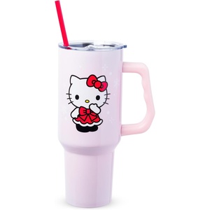 Silver Buffalo Rainbow Brite and Twink Sparkle Double Walled Stainless Steel Tumbler with Handle and Straw, Fits in Standard Cup Holder, 40 Ounces(Hello Kitty Christmas Red Bow Dress)