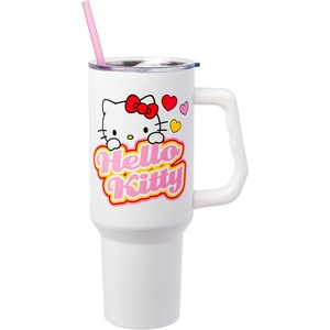 Silver Buffalo Rainbow Brite and Twink Sparkle Double Walled Stainless Steel Tumbler with Handle and Straw, Fits in Standard Cup Holder, 40 Ounces(Hello Kitty Name)