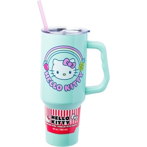 Silver Buffalo Rainbow Brite and Twink Sparkle Double Walled Stainless Steel Tumbler with Handle and Straw, Fits in Standard Cup Holder, 40 Ounces(Hello Kitty Kawaii Fruit)