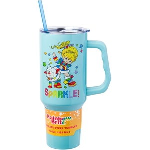 Silver Buffalo Rainbow Brite and Twink Sparkle Double Walled Stainless Steel Tumbler with Handle and Straw, Fits in Standard Cup Holder, 40 Ounces(Rainbow Brite and Twink)