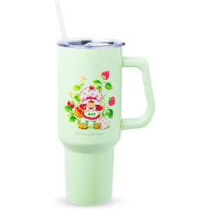 Silver Buffalo Rainbow Brite and Twink Sparkle Double Walled Stainless Steel Tumbler with Handle and Straw, Fits in Standard Cup Holder, 40 Ounces(Strawberry Shortcake Life is Delicious)