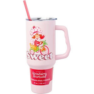 Silver Buffalo Rainbow Brite and Twink Sparkle Double Walled Stainless Steel Tumbler with Handle and Straw, Fits in Standard Cup Holder, 40 Ounces(Strawberry Shortcake Sweet Bike)