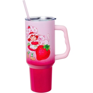 Silver Buffalo Rainbow Brite and Twink Sparkle Double Walled Stainless Steel Tumbler with Handle and Straw, Fits in Standard Cup Holder, 40 Ounces(Strawberry Shortcake and Custard Ombre)