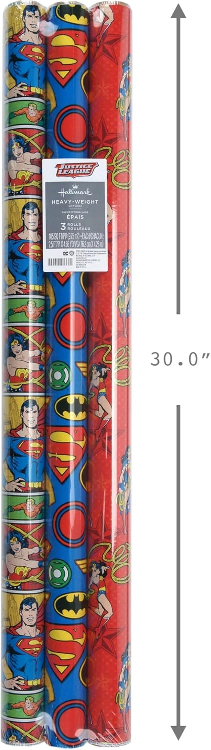 image:imageHallmark Justice League Wrapping Paper Bundle with Cut Lines on Reverse 3 Rolls 60 sq ft ttl Wonder Woman Batman Superman Flash Green LanternJustice League