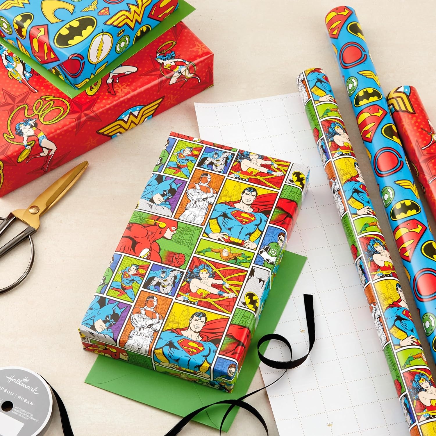 image:imageHallmark Justice League Wrapping Paper Bundle with Cut Lines on Reverse 3 Rolls 60 sq ft ttl Wonder Woman Batman Superman Flash Green LanternJustice League