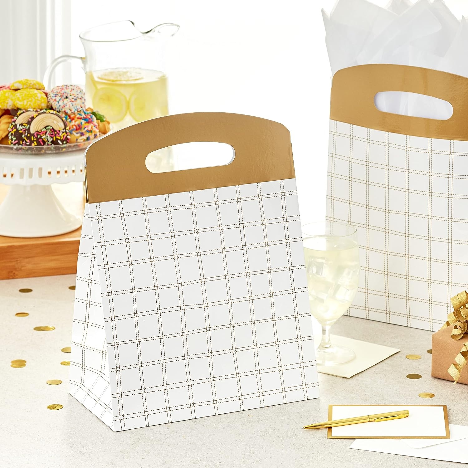 image:imageHallmark Medium SelfSealing Gift Bags with Handles 4 Bags 2 Designs Gold Stripes Silver and White Diamonds for Valentines Day Weddings Anniversaries Graduations Any OccasionGold Plaid Silver Dots