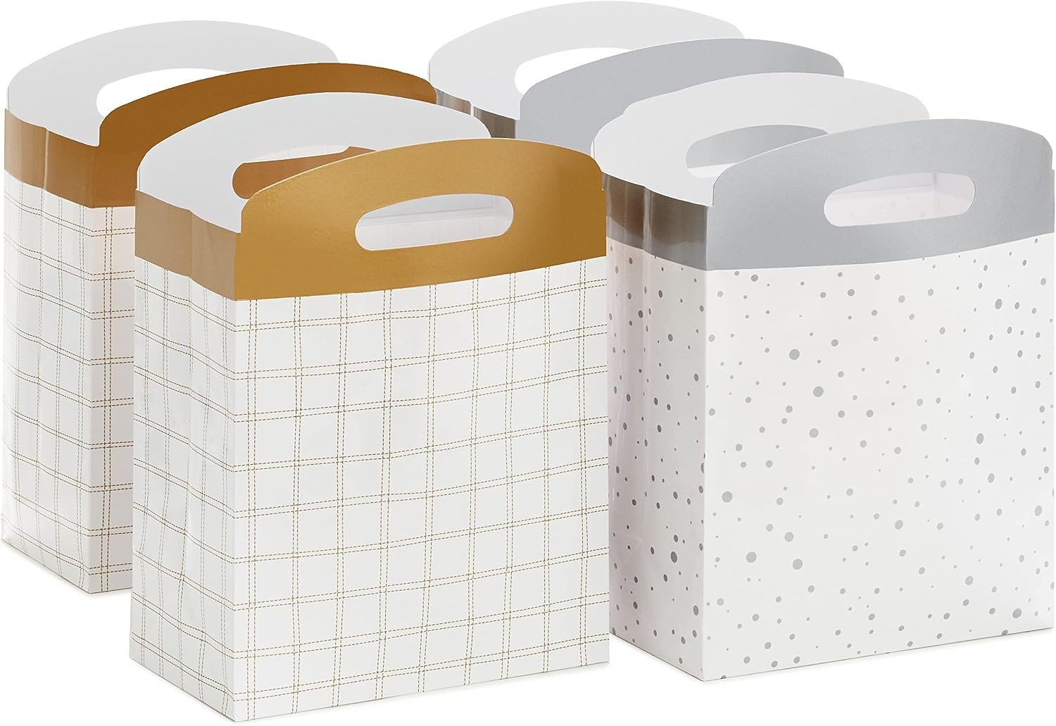 image:imageHallmark Medium SelfSealing Gift Bags with Handles 4 Bags 2 Designs Gold Stripes Silver and White Diamonds for Valentines Day Weddings Anniversaries Graduations Any OccasionGold Plaid Silver Dots