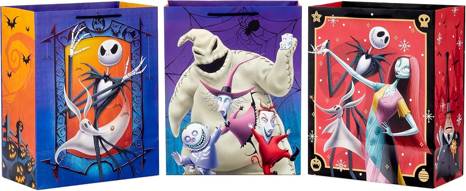 image:imageHallmark Nightmare Before Christmas Wrapping Paper Mini Rolls 3Pack Jack Skellington Sally Zero on Pink Purple Black for Birthdays Valentines Day Halloween Any Occasion 45 Sq Ft TotalNightmare Before Christmas 3 Gift Bags