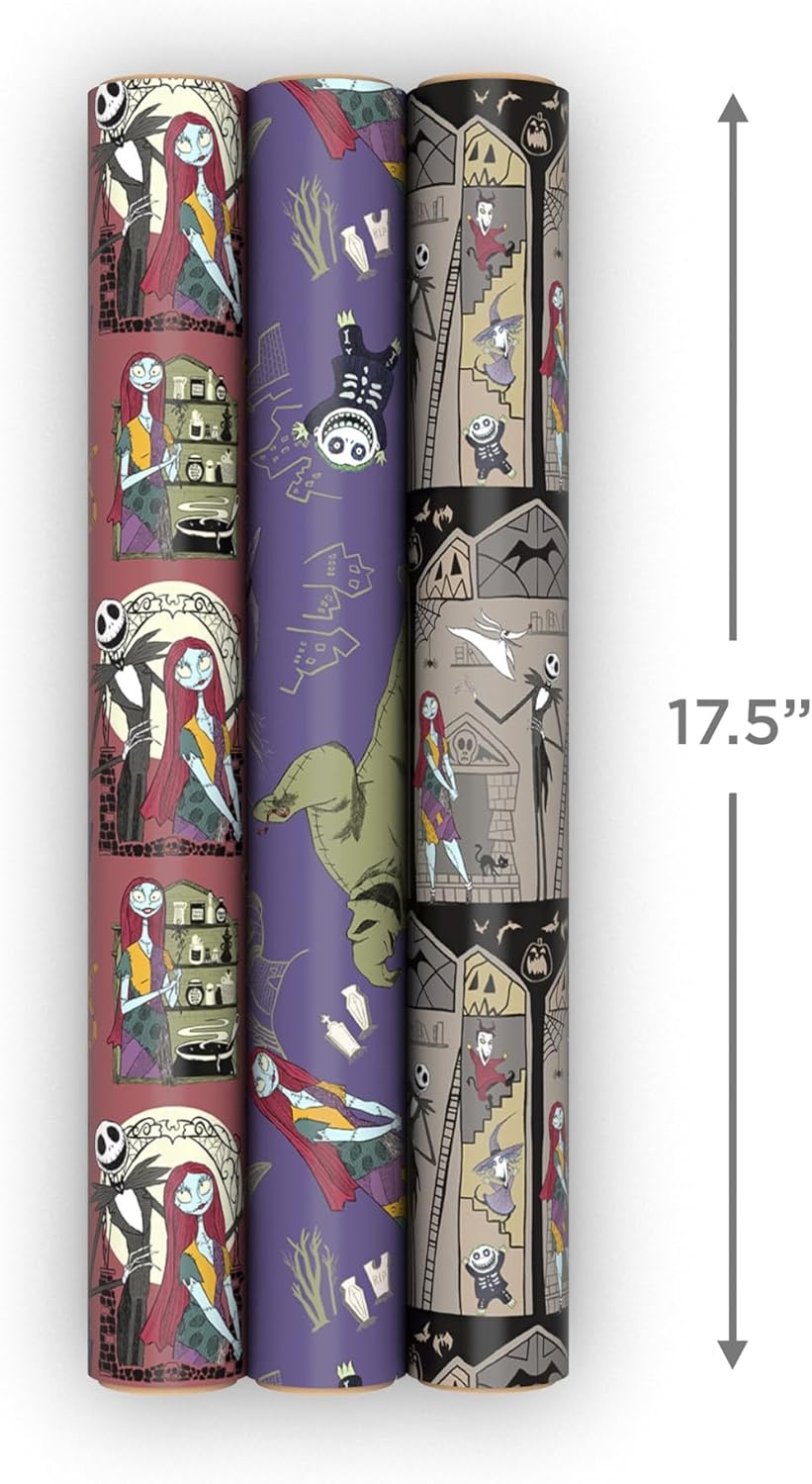 image:imageHallmark Nightmare Before Christmas Wrapping Paper Mini Rolls 3Pack Jack Skellington Sally Zero on Pink Purple Black for Birthdays Valentines Day Halloween Any Occasion 45 Sq Ft TotalNightmare Before Christmas 3 Mini Rolls