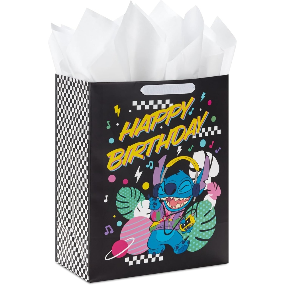 image:imageBirthday Hallmark Disney 13 Large Gift Bag with Tissue Paper Minnie Mouse Yellow and Orange with Pink Polka Dots Kids Adults FansLilo and Stitch