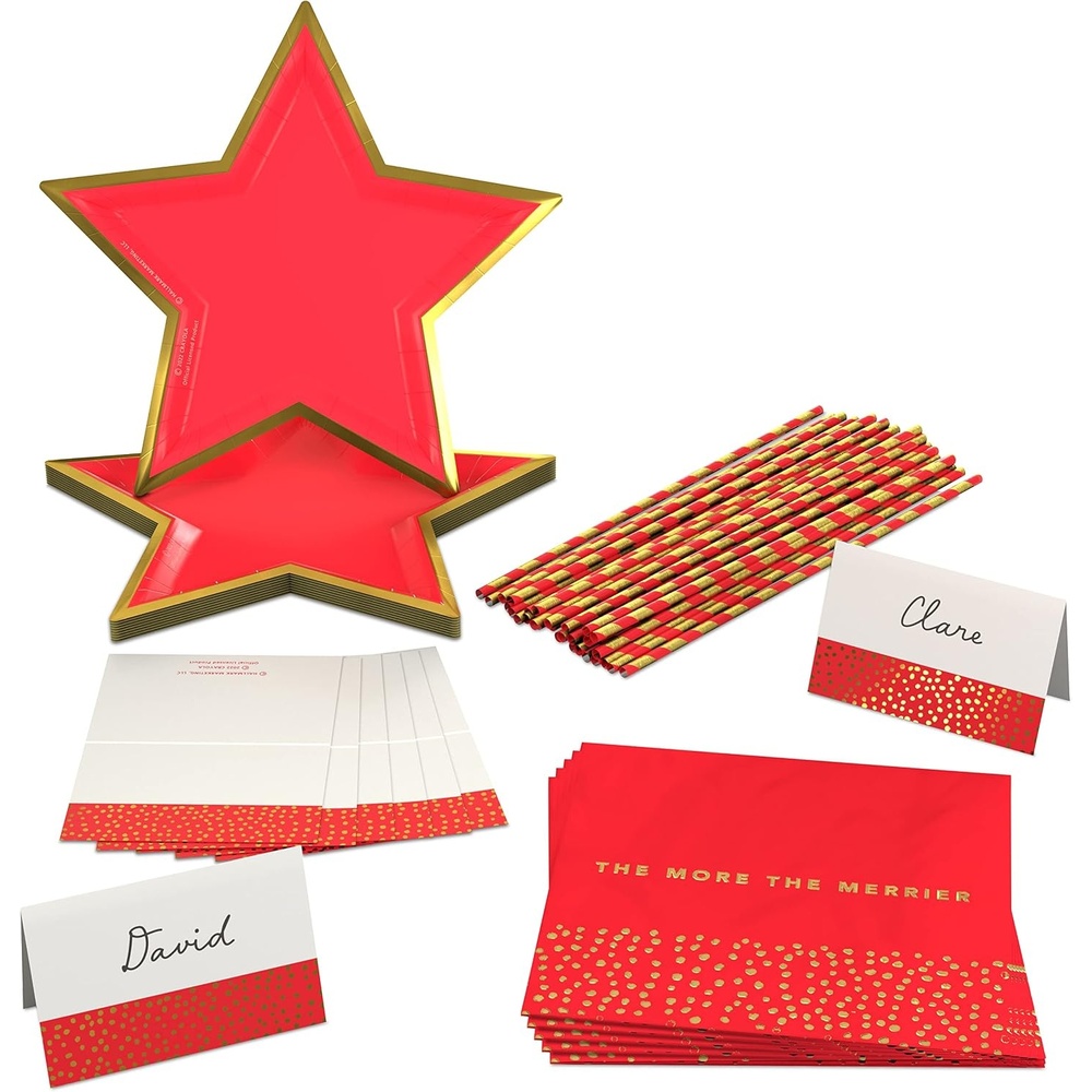 image:imageCrayola Color Pop Scarlet Red and Gold Star Party Supplies 12 Paper Plates 12 Paper Straws 12 Place cards 24 Napkins for Birthdays Christmas Graduations Fourth of July 5CLP1013Scarlet Red and Metallic Gold Foil
