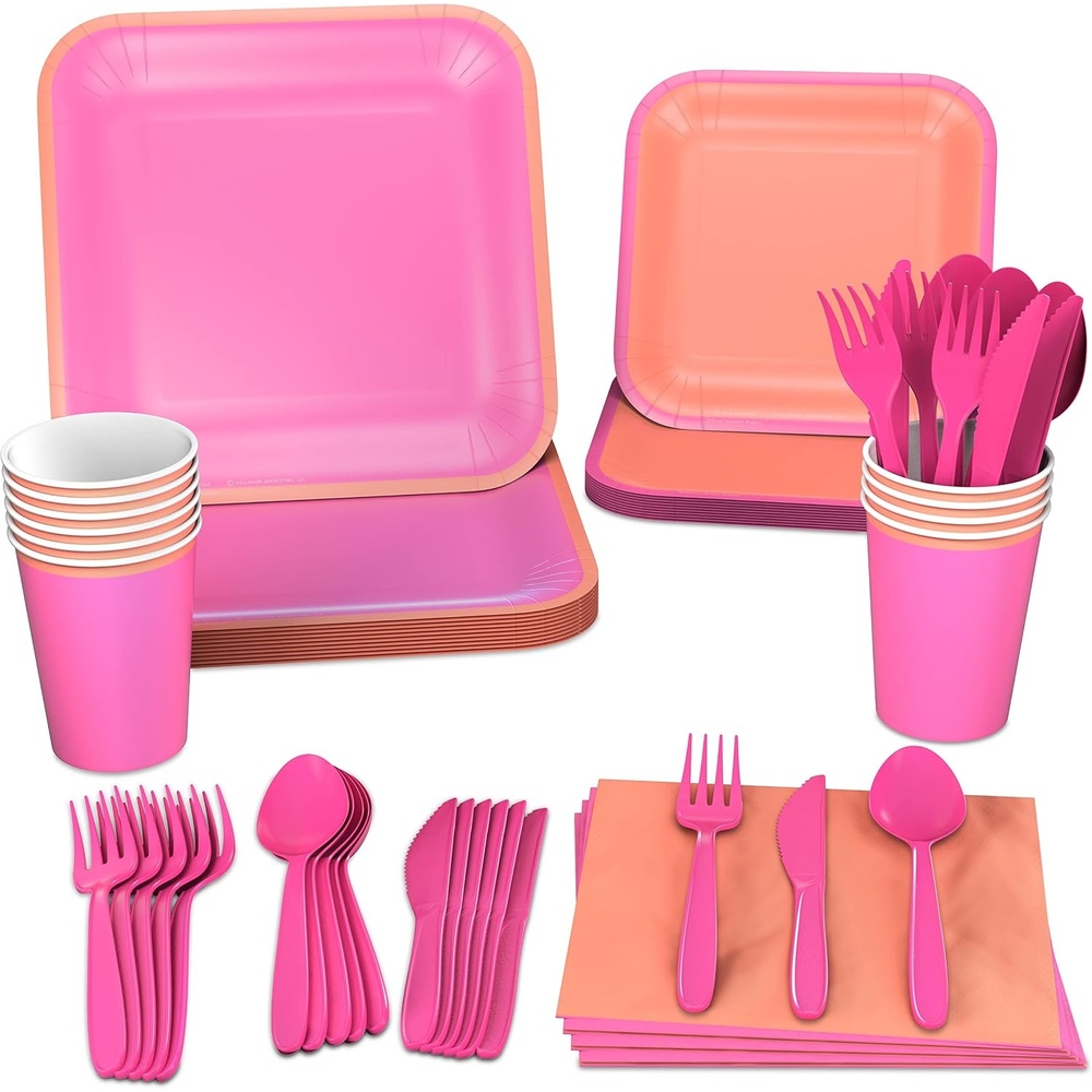 image:imageCrayola Color Pop Yellow and Orange Party Supplies 12 Dinner Plates 12 Dessert Plates 12 Paper Cups 24 Napkins 12 Sets of Plastic Cutlery for Birthdays Back to School HalloweenMelon Orange  Tickle Me Pink