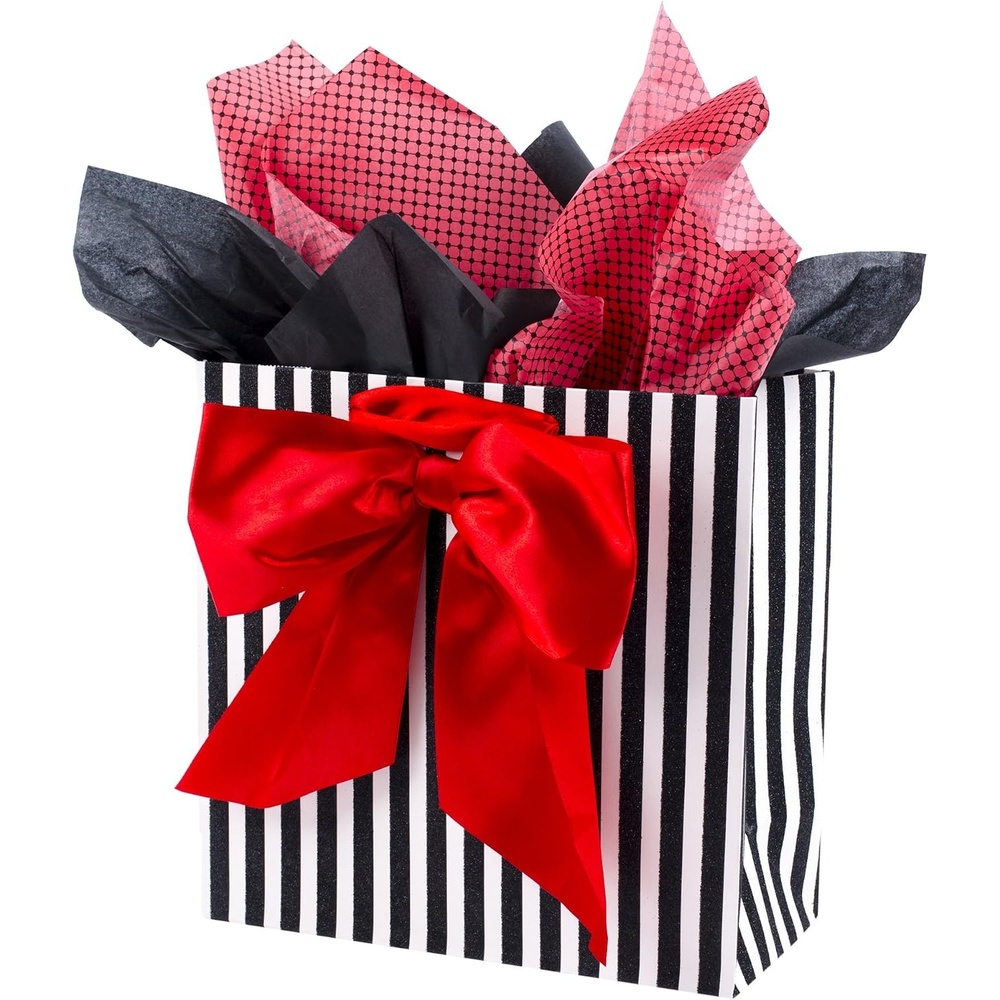 image:imageHallmark 13 Large Gift Bag with Tissue Paper Red Foil Dots for Christmas Fathers Day Birthdays Graduations Valentines Day Sweetest Day or Any OccasionBlack and White Stripes