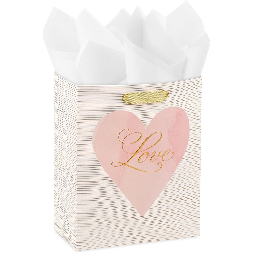 image:imageHallmark 9 Medium Gift Bag with Tissue Paper Love Pink and Gold Heart for Valentines Day Weddings Engagements Bridal ShowersLove