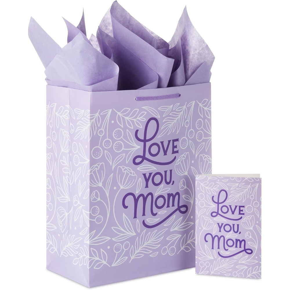 image:imageHallmark 9 Medium Gift Bag with Tissue Paper Pink Glitter Stripes for Valentines Day Birthdays Baby Showers Bridal Showers or Any OccasionLove You Mom