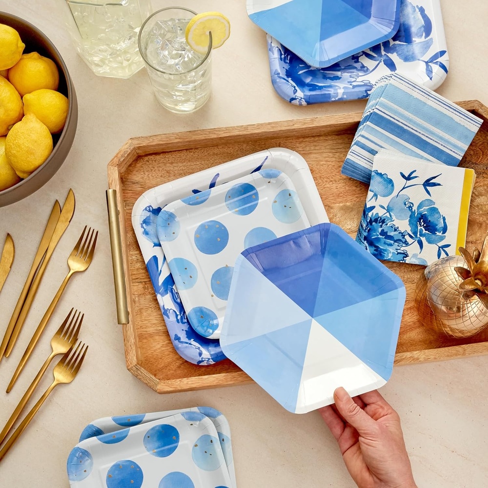 image:imageHallmark Blue Floral Party Supplies 16 Square Dinner Plates 8 Square Dessert Plates 8 Hexagonal Dessert Plates 32 Beverage Napkins Flowers Stripes Polka Dots
