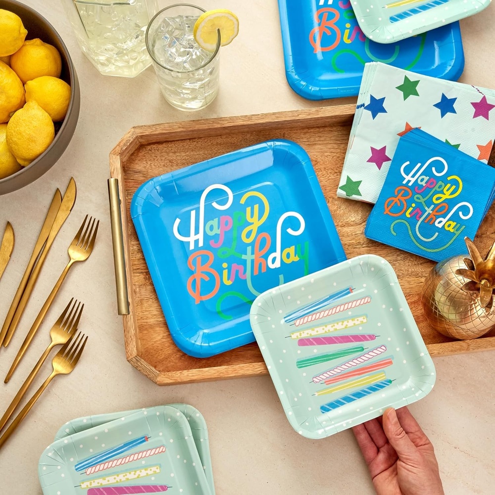 image:imageHallmark Blue and Mint Green Birthday Party Supplies 16 Square Dinner Plates 16 Square Dessert Plates 16 Beverage Napkins 16 Dinner Napkins Stars and Candles