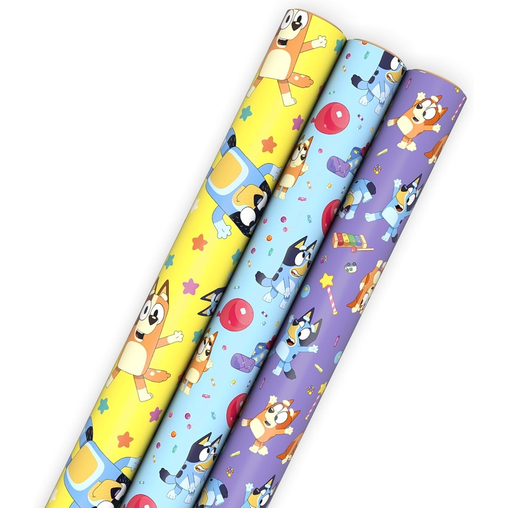 image:imageHallmark Bluey Wrapping Paper Rolls for Kids 3 Rolls 60 Sq Ft Total Purple Blue and Yellow Gift Wrap for Birthdays Christmas Valentines DayBluey 3 Rolls