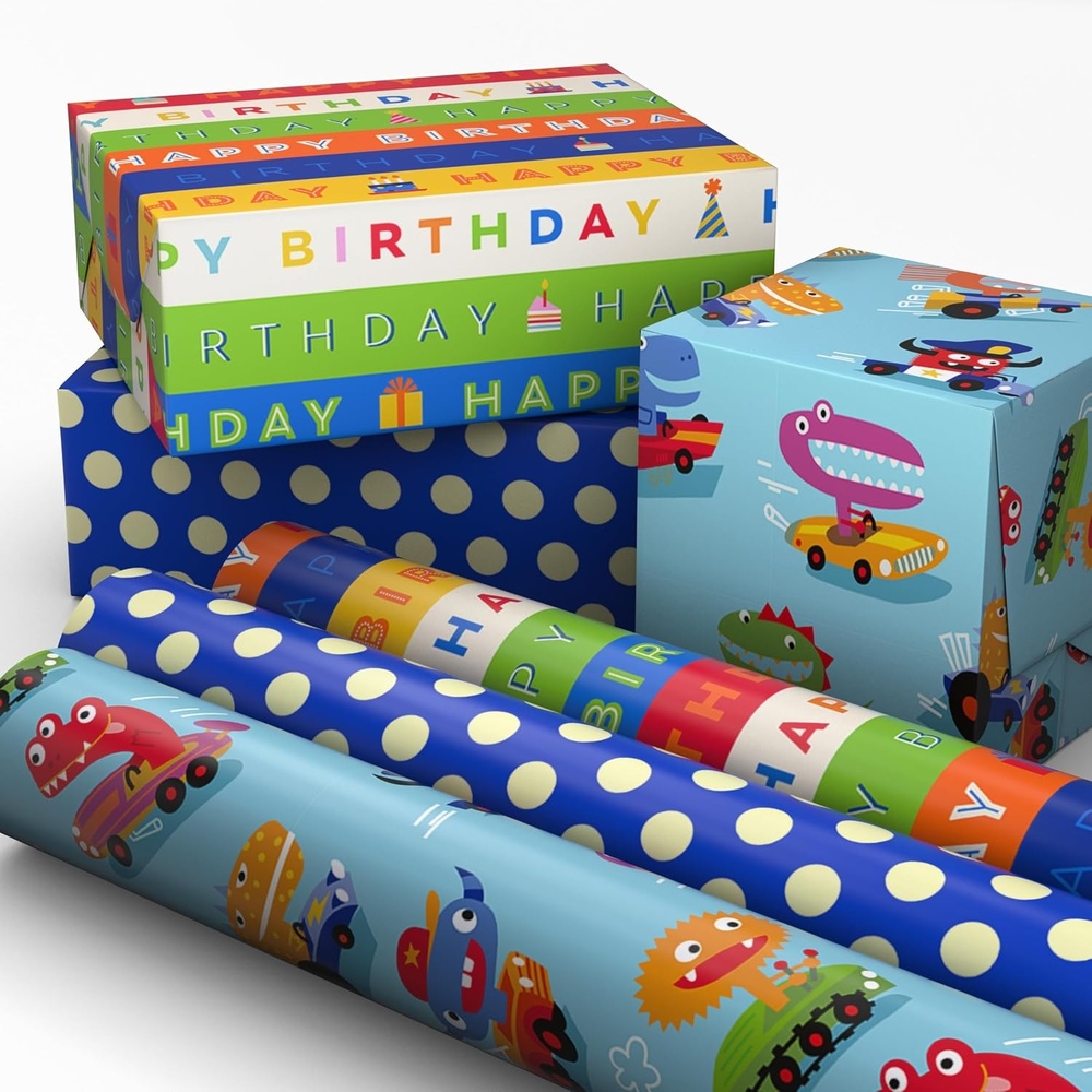 image:imageHallmark Bluey Wrapping Paper Rolls for Kids 3 Rolls 60 Sq Ft Total Purple Blue and Yellow Gift Wrap for Birthdays Christmas Valentines DayMonsters  Cars  Polka Dots 3 Mini Rolls