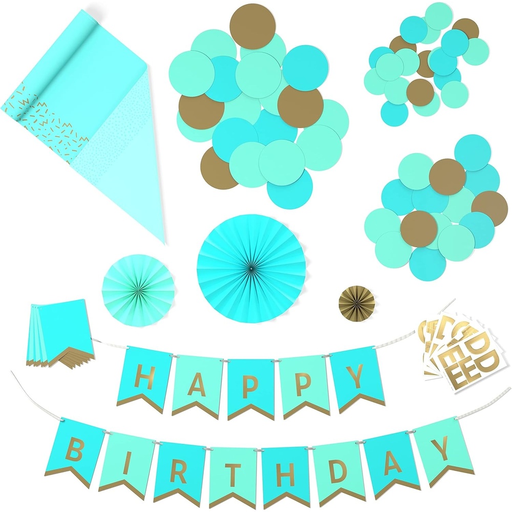 image:imageHallmark Crayola Hallmark Color Pop Party Decorations Set  Aquamarine Blue and Gold Customizable Banner Reversible Table Runner Paper Fan Flowers Paper Dots for Birthdays Baby Showers HolidaysAquamarine Blue and Gold
