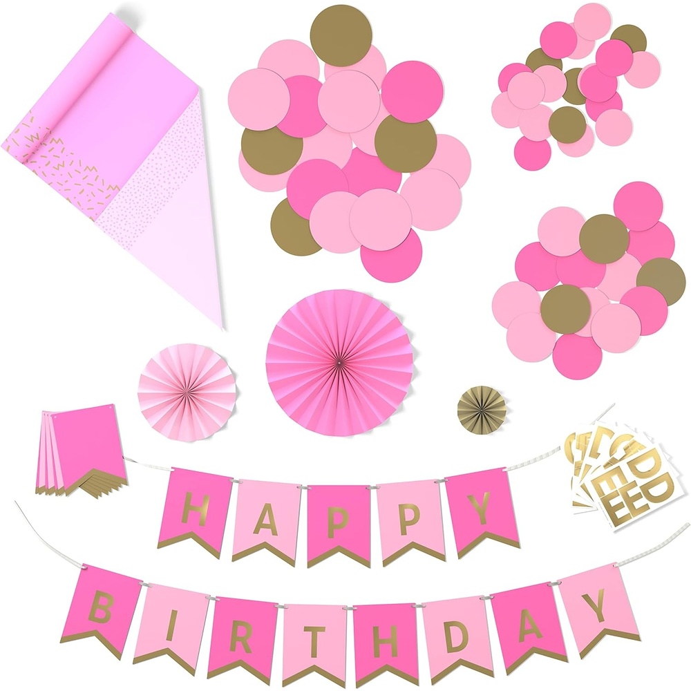 image:imageHallmark Crayola Hallmark Color Pop Party Decorations Set  Tickle Me Pink and Gold Customizable Banner Reversible Table Runner Paper Fan Flowers Paper Dots for Birthdays Baby Showers HolidaysTickle Me Pink and Gold