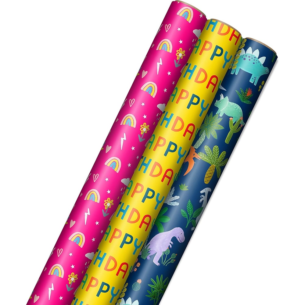 image:imageHallmark Disney Stitch Birthday Wrapping Paper Mini Rolls 3Pack Surfboards Palm Trees Pineapples for Kids Parties Christmas Celebrations Any Occasion  45 Sq Ft TotalRainbows  Dinosaurs  Happy Birthday 3 Rolls