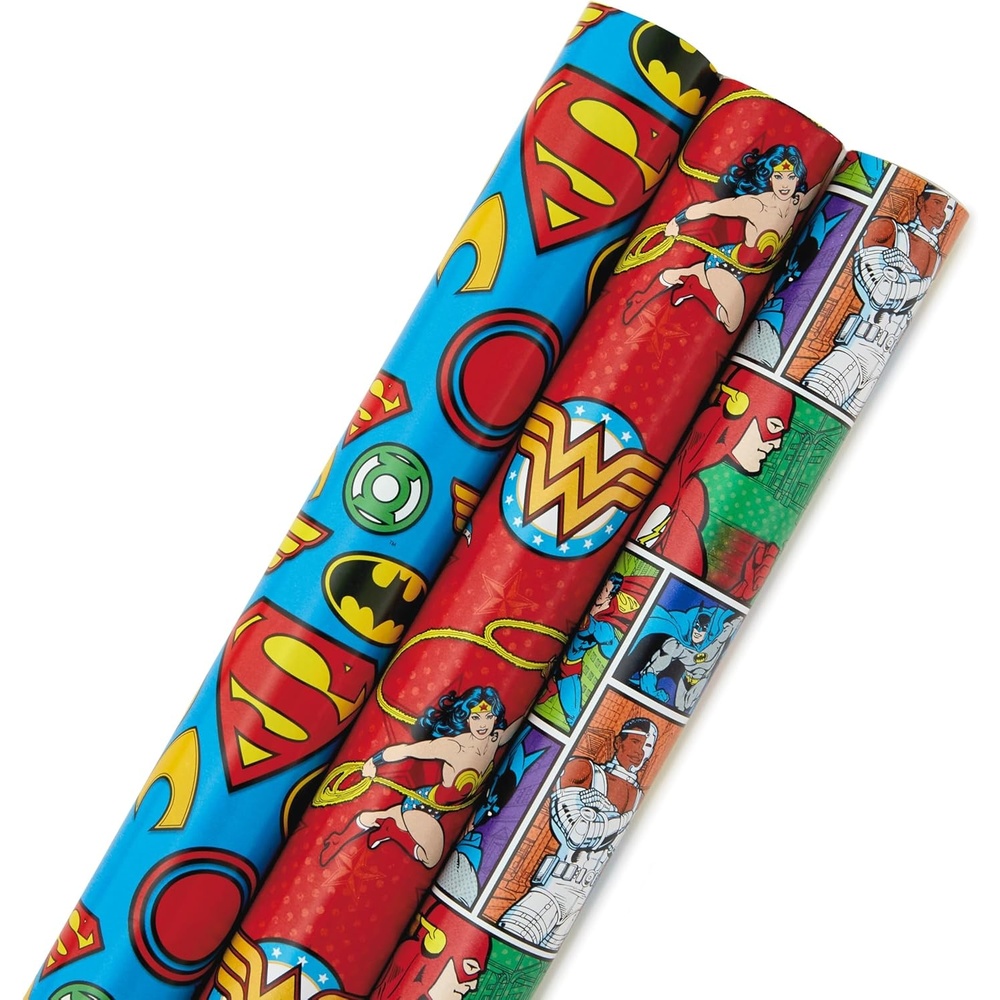 image:imageHallmark Justice League Wrapping Paper Bundle with Cut Lines on Reverse 3 Rolls 60 sq ft ttl Wonder Woman Batman Superman Flash Green LanternJustice League