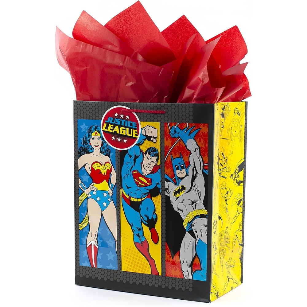 image:imageHallmark Justice League Wrapping Paper Bundle with Cut Lines on Reverse 3 Rolls  60 sq ft ttl Wonder Woman Batman Superman Flash Green LanternLarge Justice League Gift Bag