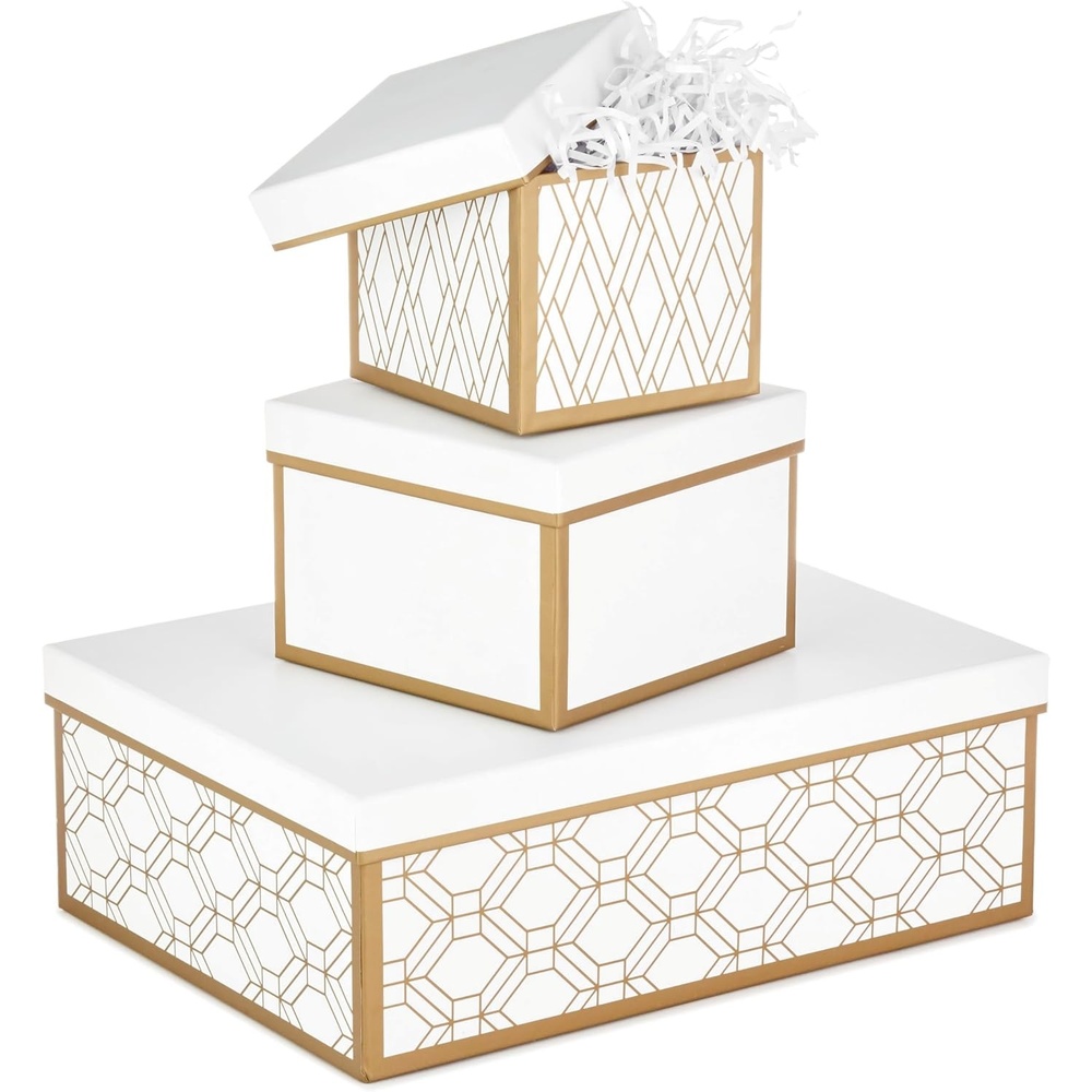 image:imageHallmark Nested Gift Boxes with Lids and Fill Set of 3 White and Gold Assorted Sizes for Valentines Day Weddings Bridal Showers Bridesmaids BirthdaysWhite and Gold Geometric Shapes
