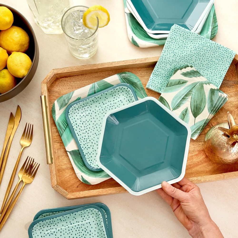 image:imageHallmark Palm Leaves Party Supplies 16 Square Dinner Plates 8 Square Dessert Plates 8 Hexagonal Dessert Plates 16 Dinner Napkins 16 Beverage Napkins Plants Polka Dots Dark Green