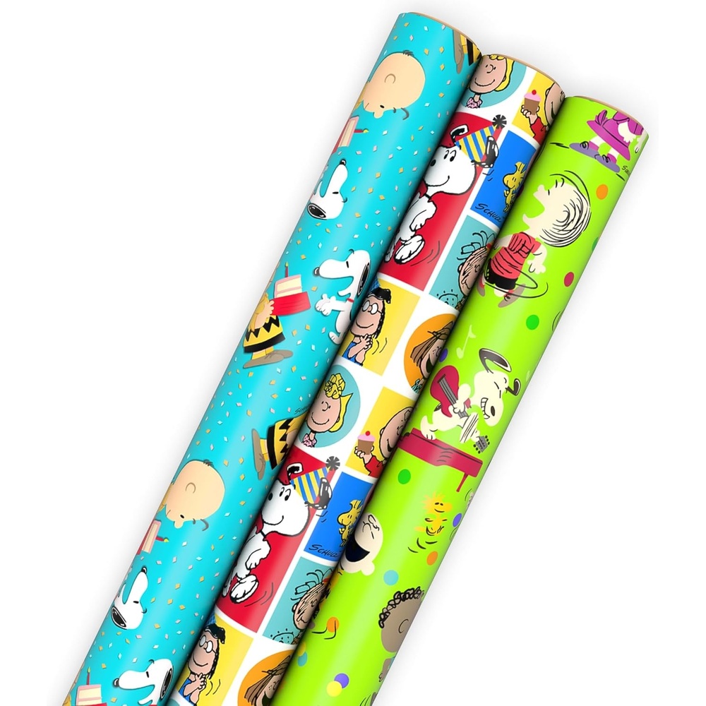 image:imageHallmark Peanuts Wrapping Paper Rolls for Birthdays Easter Christmas Set of 3 Rolls 60 Sq Ft Total Snoopy Charlie Brown Woodstock Green Blue RedAll Occasion Wrapping Paper