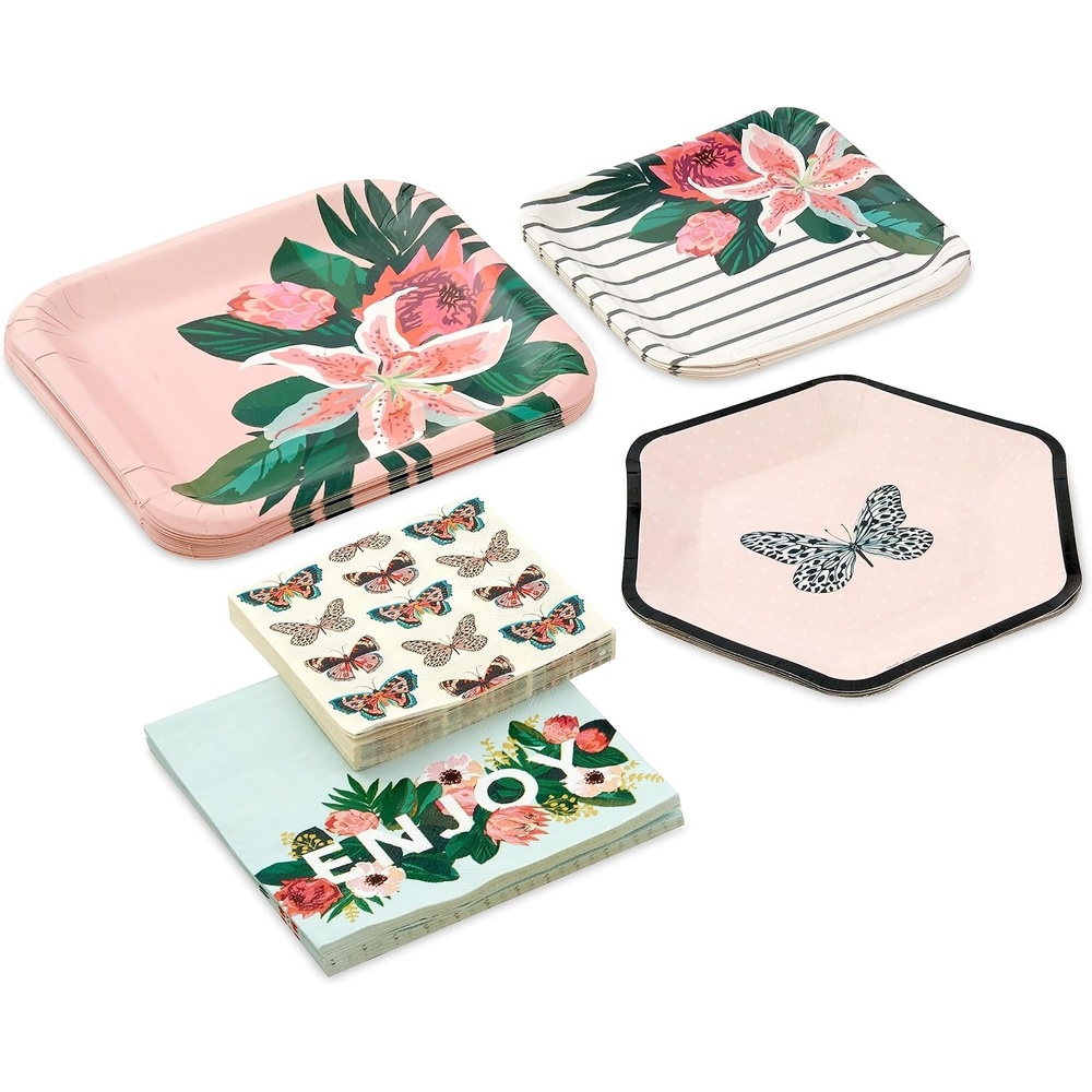 image:imageHallmark Pink and Green Party Supplies 16 Dinner Plates 8 Square Dessert Plates 8 Hexagonal Dessert Plates 16 Dinner Napkins 16 Beverage Napkins Butterflies Pink Flowers Stripes
