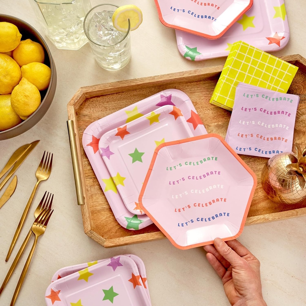 image:imageHallmark Pink and Yellow Party Supplies 16 Square Dinner Plates 8 Square Dessert Plates 8 Hexagonal Dessert Plates 32 Beverage Napkins for Birthdays Bridal Showers Graduations