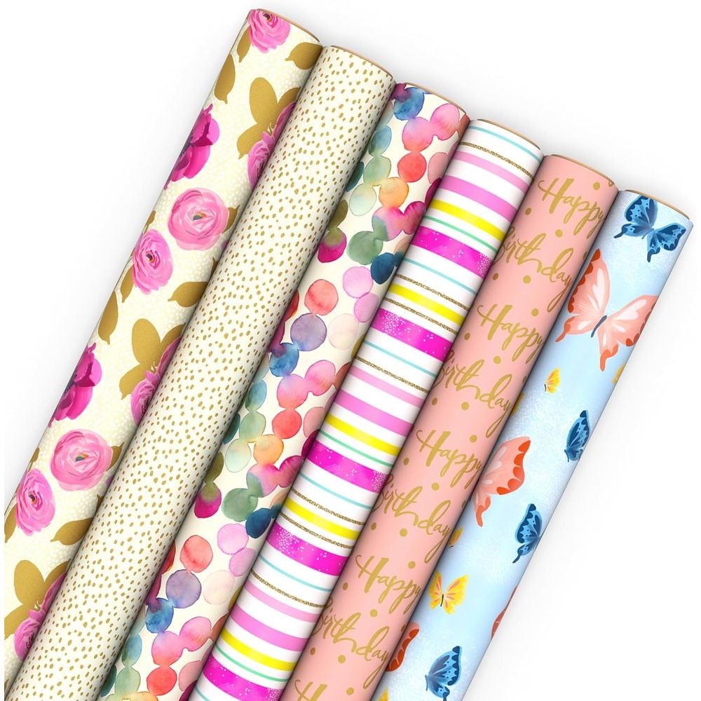 image:imageHallmark Pretty Wrapping Paper with Cutlines on Reverse 6 Rolls 180 Square Feet Total Flowers Butterflies Stripes Dots for Birthdays Mothers Day Valentines DayFloral  Dots  Stripes  Butterflies  Happy Birthday